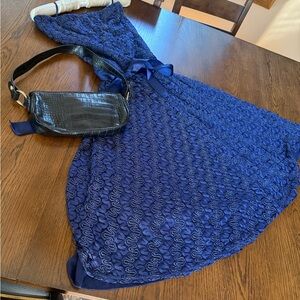 Elegant Blue Lace Dress includes Black Croc-Embossed Bag by Le Chateau size S/p
